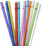 ALINK 12-Pack Glitter Reusable Clear Plastic Straws, 11" Long Hard Tumbler Drinking Straws with Cleaning Brush