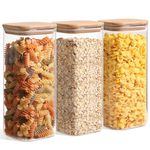 ComSaf Glass Storage Containers with Bamboo Lids (1.8L) Set of 3, Pantry Storage Containers Clear Glass Jar Canisters Set Kitchen for Flour Cereal Pasta Tea Coffee Beans Snacks Rice, Square