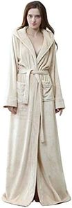 Hellomamma Long Hooded Robe for Women Luxurious Flannel Fleece Full Length Bathrobe Winter Warm Pajamas Shower Nightgown, Beige, Medium