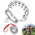 CLIUNT Metal Choke Chain with Training Lead for Dog, Prong Collars for Dog Training, Thick Anti Bark Collars for Pet Outdoor, Adjustable Silver Necklace Personalised Dogs Collars (60cm)