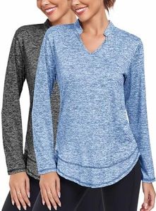 Absttith Women's Long Sleeve Workout Shirts Running Yoga Tops Athletic V Neck Sport Tee Side Split, Black/Blue, X-Large