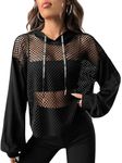 Verdusa Women's Sexy See Through Fishnet Long Sleeve Drawstring Hoodie Top Sweatshirt Black S