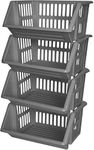 ZARVICZONIA Large Plastic Stacking Baskets (Set of 4) Multi-Purpose Storage Rack, Office and Garage,Ideal for Home,Length 36 cm x Depth 30 cm x Height 17.5 cm (Silver)