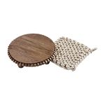 Mud Pie Brown Beaded Trivet & Crochet Pot Set, Trivet 8" Dia | Holder 7" x 7"