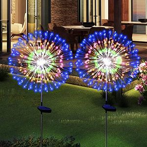 Solar Garden Firework Lights Outdoor Waterproof 2 Pack Solar Powered Art Stake Twinkle Lighting Outside Solar Lights Upgrad 180 LED Sparklers Lights for Yard Pathway Patio Party Decorations (Colorful)