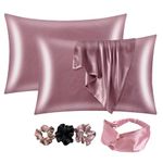 LC Satin Silk Pillow Cover for Hair and Skin 2 Piece with 3 Piece Satin Silk Soft Scrunchies or 1 Silk Hair Band |Silk Pillow Covers with Envelope Closure end Design|Silk Pillow Cases(Rose Taupe)