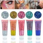 5Pcs Face Chunky Glitter Gel,75ml Mermaid Sequins for Body & Hair & Face & Eye & Lip Festival Holographic Glitter for Party Show Nightclub Art Festival Makeup Decoration,Vegan, Cruelty-Free