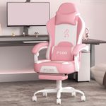 PZDO Pink Gaming Chair Computer Chair with Footrest, Kawaii Gaming Chairs for Adults Girls Women Kids, High Back Pink Reclining Chair with Bunny Ear & Lumbar Support(Pink-White)