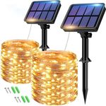btfarm 2 Pack Solar String Lights Outdoor - Total 160LED 52FT Solar Christmas Fairy Lights Waterproof 8 Modes Copper Wire Solar String Lights for Xmas Tree Patio Garden Wedding Party Decor, Warm White