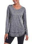 Deaviya Womens Long Sleeve Sports Tops UK, Running Tops Sport Yoga T-Shirt Workout Running Tops, Crew Neck Golf Activewear Ladies Gym Sports Top Grey