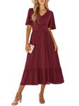 IFFEI Summer Maxi Dress V Neck Chiffon Ruffle Sleeve Swiss Dots A-Line Dress Stretchy High Waist Flowy Dress Burgundy M