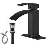 Greenspring Matte Black Bathroom Sink Faucet 1 Hole Single Handle Waterfall Spout Bathroom Faucets with Pop Up Drain with Overflow Brass Commercial Basin Tap