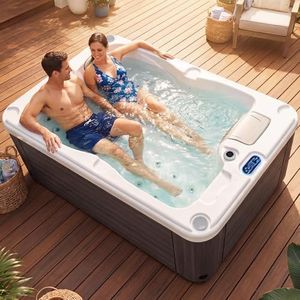 OnxyEdge 2-Person Acrylic Hot Tub – Outdoor Bathtub with 22 Hydro Jets, 2 Speakers, LED Lights, 2 Dual Speed Pumps, Ozonator & Cover – Taupe Colored Above Ground Spa Machine for Stress Relaxation