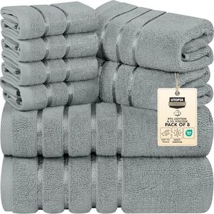 Utopia Towels 8-Piece Luxury Towel Set, 2 Bath Towels, 2 Hand Towels, and 4 Wash Cloths, 500 GSM, 97% Ring Spun Cotton Highly Absorbent Viscose Stripe Towels Ideal for Everyday use (Cool Grey)