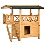 PawHut Wooden Cat House Outdoor Luxury Wood Room Weatherproof Shelter Dog Puppy Garden Large Kennel Crate Natural Wood