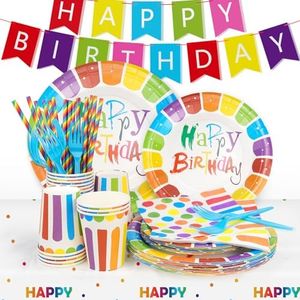 FAELNK 122 Pezzi Stoviglie per Feste di Compleanno Piatti Carta Colorati Tazze Tovaglioli Cannuccia Tovaglie per 20 Ospiti Tavola Party Addobbi per Festa Compleanno