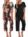 Ekouaer 2 Pack: Women's Pajamas Short Sleeve Sleepwear Tops and Capri Pants Pjs Print Pajama Sets Red Flowers, Black XXL