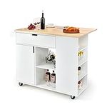 Giantex Kitchen Island Cart Drop-Leaf Countertop, Rubber Wood Breakfast Dining Table w/Large Drawer, Storage Shelves, 4-Tier Spice Rack, Rolling Serving Cart on 5 Wheels for Home Coffee Bar (White)