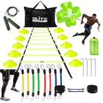 Elite Athletics Speed & Agility Ladder Training Set | Includes Agility Ladder, Leg Resistance Bands, 10 Cones, Running Parachute, Jump Rope, 4 Steel Stakes & Carrying Bag for Athletes in All (Green)