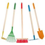 Giggle Goods 5-Piece Kids Garden Tool Set - Multicolored Kids Gardening Tools with Wooden Handle and Metal Head - Kids Size Rake, Spade, Hoe, Leaf Rake, and Broom for Kids Ages 7 Years Old and Up