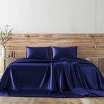 Candoury Satin Sheets Queen Bed Set 4 Pcs, Soft and Durable Pillowcase, Flat Sheet and Fitted Sheet, Hotel Luxury Silky Satin Sheets Set(Queen, Navy Blue)