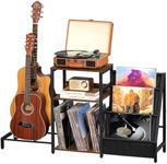 LELELINKY Record Player Stand, Adjustable Guitar Stand for Acoustic Guitar, Electric Guitar, Bass, Turntable Stand with Vinyl Display Shelf Storage Up to 150 Albums,Brown End Table for Music Room