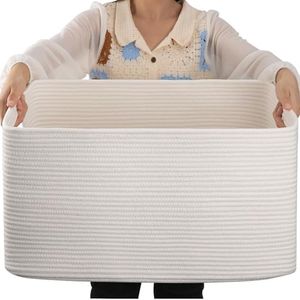 OIAHOMY 75L Large Blanket Basket, Woven Storage Basket with Handle, Cotton Rope Basket 22”x17”x12”,Blanket Basket Living Room, Toy Basket for Nursery, White