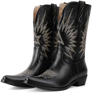 QIV Black Mid Calf Boots for Women Short Western Cowgirl Boots With Star Embroidery Pointed Toe Low Heel Easy Pull-On Fit Size 10