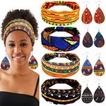 4 Pairs African Faux Leather Earrings and 4 Pieces African Headband, Teardrop Leaf Dangle African Earrings Knotted Wide Boho Print Headband African Head Wraps Yoga Stretchy Bandeau for Women Girls