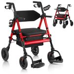Walkers for Seniors,Rollator Walker with Seat, Walker Wheelchair Combo, 2 in 1 Rollator Transport Chair with Brakes, Heavy Duty Rolling Walker, Holds up to 450 pounds, 10" Big Wheels for All Terrain, Red