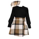 Toddler Kids Child Girls Long Sleeve Ribbed Solid Tops Blouse Plaid Skirt With Hat Outfit Set 3PCS Girl Baby Gift (Black, 7-8 Years)