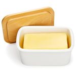 Sweese 3157 Large Butter Dish - Porcelain Keeper with Beech Wooden Lid, Perfect for 2 Sticks of Butter, White