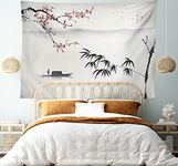 Ambesonne House Decor Collection, Chinese Waterscape Painting Artwork Print with Bamboo Sakura Trees Birds Boat River, Bedroom Living Room Dorm Wall Hanging Tapestry, 60 X 40 Inches, Black Gray