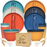 48 Pcs Wheat Straw Dinnerware Sets for 6- Unbreakable Dinnerware Set with Large Plates, Bowl and Cup Set -BPA Free, Lightweight, Microwave Safe Wheat Straw Plates and Bowls Sets, RV Camping Dishes Set