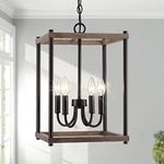 Untrammelife 4-Light Black Farmhouse Chandelier, Rustic Faux Wood Lantern Pendant Ceiling Light, Adjustable Height Square Cage Chandeliers for Kitchen Island Dining Room Living Room Bedrooms Entryway