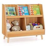 Costzon Toy Organizers and Storage with Bookshelf, 5 Cubbies Wooden Toy Cabinet and Montessori Bookcase with Solid Legs, Freestanding Display Toy Shelf for Kids Room, Playroom, Bedroom, Nursery