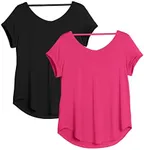 icyzone Open Back Yoga Shirts for Women - Exercise Workout Tops, Athletic Short Sleeves, Running T-Shirts Loose Fit (Black/Pink Lychee, L)