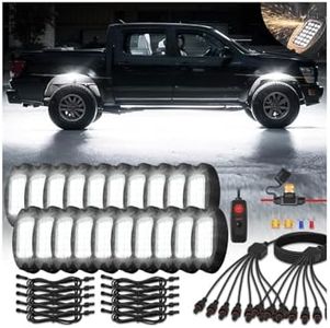 20Pods Metal All Pure White LED Rock Lights Full Kit Plug and Play&Pre Wired 6500K with Switch Wiring Harness Extension Fuse, 480Chip Aluminum Waterproof Underglow 12V for Semi Truck Pickup Offroad