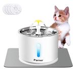 Cat Water Fountain Stainless Steel, LED Indicator 81oz/2.4L Automatic Pet Water Fountain with 4 Replacement Filters & 1 Silicone Mat for Cats, Dogs, Multiple Pets (with Flower & Water Level Window)