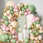 Sage Green Pink Balloon Garland Arch Kit,Olive Green Blush Peach White Gold Balloons Spring Balloon Arch kit for Baby Shower Gender Reveal Birthday Tea Party Fairy Party Decorations