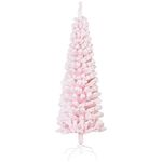 HOMCOM 5ft Snow Flocked Pencil Christmas Tree, Artificial Slim Xmas Tree with Realistic Branch Tips, Folding Metal Stand, Pink