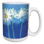 Daisies on Blue Floral Coffee Mug - Large 15-Ounce Ceramic Cup, Full-Size Handle - Nel Whatmore - Gift for Flower Lovers - Tree-Free Greetings