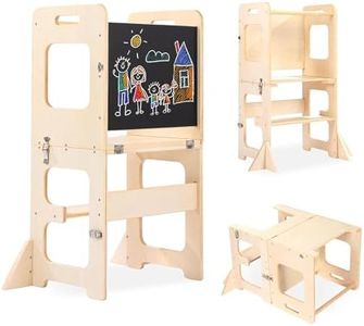 Labebe Tour d'apprentissage pour Enfants, Montessori 3 en 1 Tour d'observation, Pliable Tour d'apprentissage Tabouret avec Tableau Noir, Montessori Learning Tower À Partir de 18 Mois (Bois)
