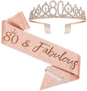 Tiara de corona de 80 cumpleaños de oro rosa y fabulosa faja de 80 cumpleaños para mujer, regalos de 80 cumpleaños para feliz 80 cumpleaños, suministros de regalo para fiesta de 80 cumpleaños