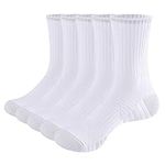 YUEDGE Womens White Cushioned Casual Crew Socks Moisture Wicking Cotton Athletic Socks Performan Walking Running Sports Socks for Women Size 4-7, 5 Pairs