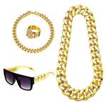 Rumyve Party Accessories Disco Costume Set - 80s and 90s Men's Fake Gold Chain Costume Set, Dollar Sign Necklace, Party Accessories Hippie Costume Set, Fashion Rings, and Black Gold Sunglasses