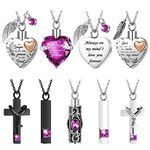 9 Pcs Heart Cross Cubic Urn Necklace for Ashes Keepsake Cremation Jewelry Stainless Steel Necklace Crystal Memorial Pendant Heart Locket Ashes Necklace for Women Men Loved Ones, 9 Styles (Purple)