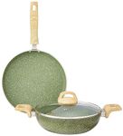 Amazon Basics 2-Piece Non-Stick Cookware Set, Granite Finish, Induction Base (1 Deep Kadai - 24 cm, 1 Tawa - 28 cm; Olive Green)