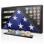 Flag Display Box for 5' x 9.5' Burial Flag, Funeral Flag Case with HD Tempered Glass and Wall Mount, Folded Triangle Flag Holder Frame for Badges Medals and Coins