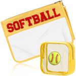 BuyCard 2 Pcs Softball Gifts Makeup Bag with Chenille Letter Patch, Clear Cosmetic Pouch PVC Organizer Purse, Waterproof Travel Bag, Portable Toiletry Storage Bag for Her Girls Friends Women